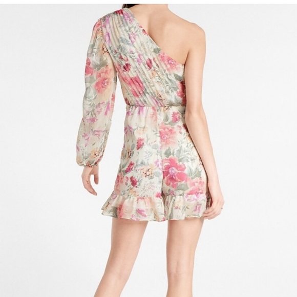 Express Blue Metallic Floral One Shoulder Pleated Faux Wrap Front Romper Size L - Picture 2 of 3